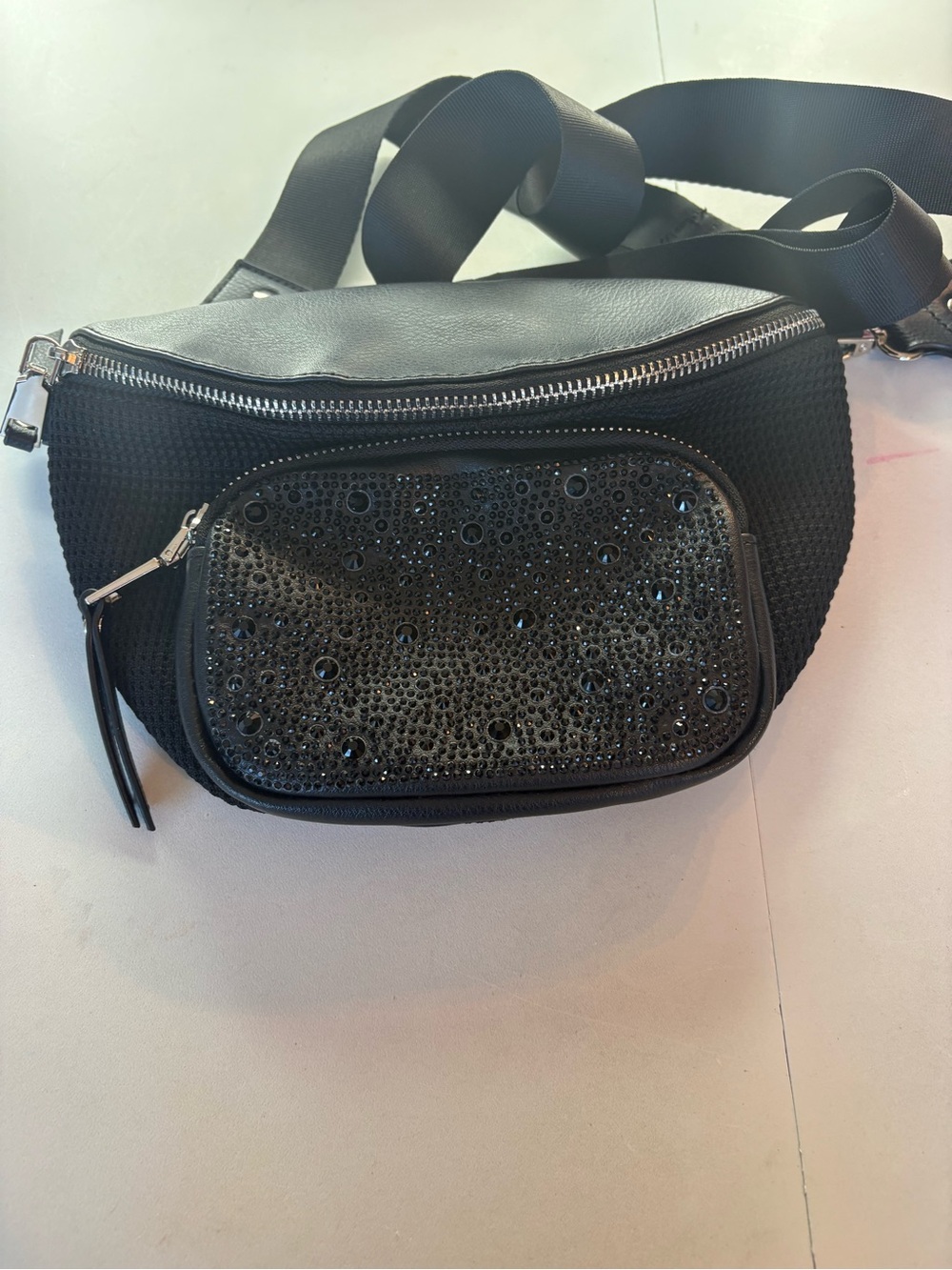 Black Embellished Crossbody Belt Bag